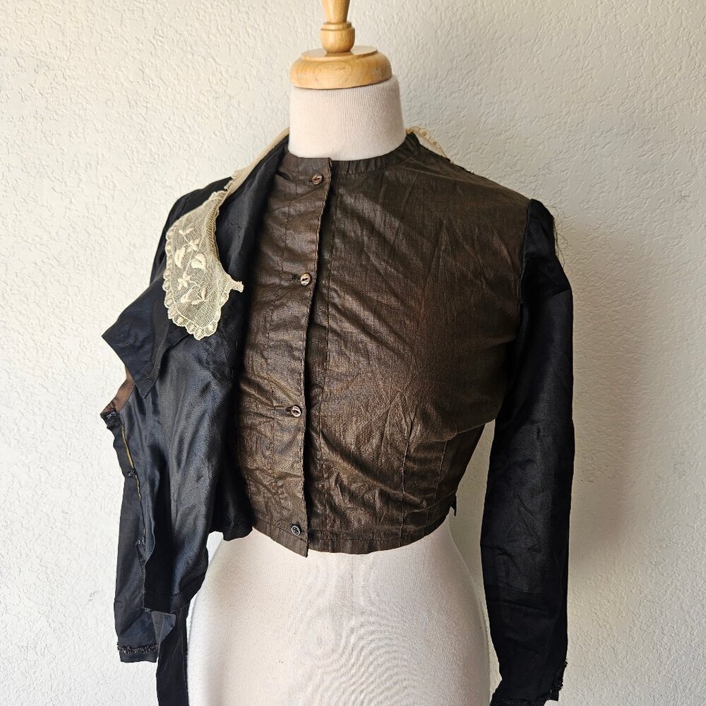 Antique Early 1900s Edwardian Black Silk Blouse Mourning Top Beaded Lace XS/S - Picture 8 of 16